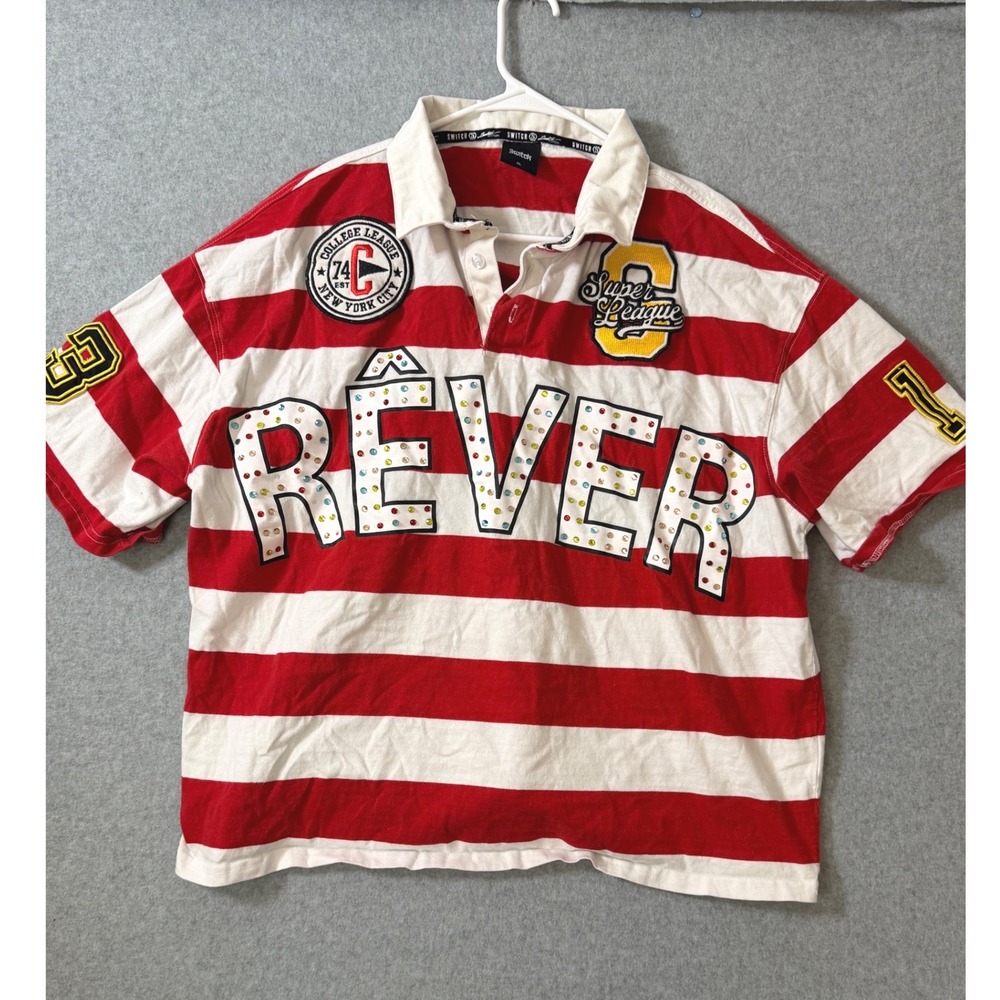 Switch Limited Edition Rugby Polo Shirt Mens XL Red White Stripe Rhinestone XL